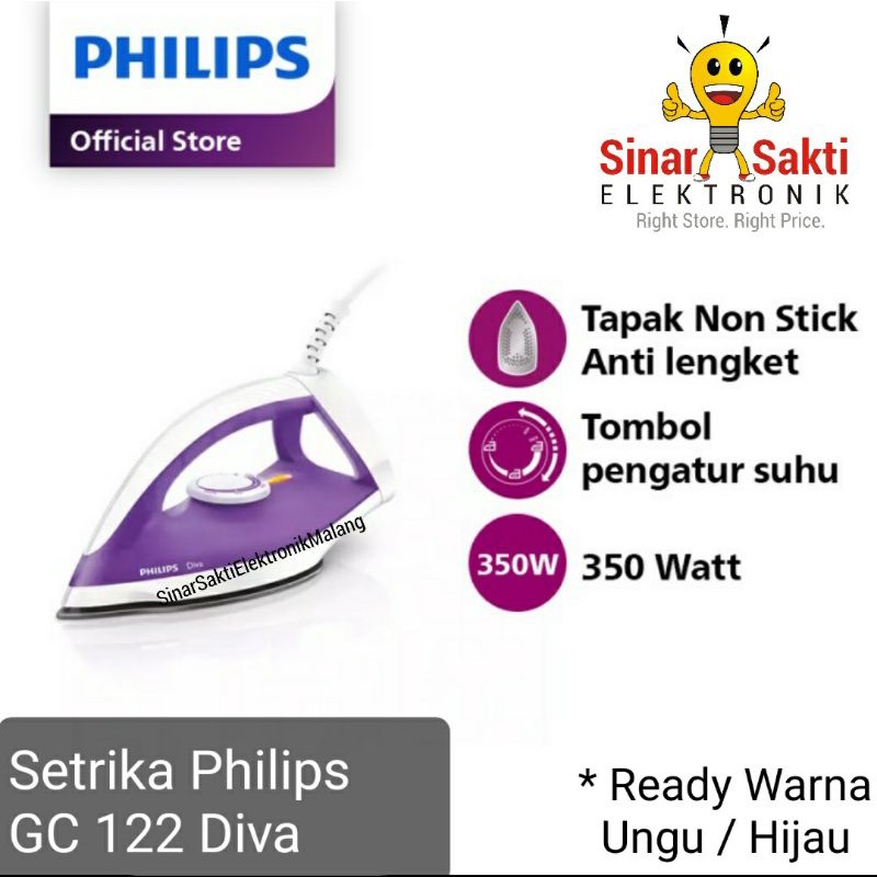 Setrika Philips GC 122 GC122 Diva Promo Murah Sinar Sakti Malang Garansi Resmi Gosokan Strika Phillips