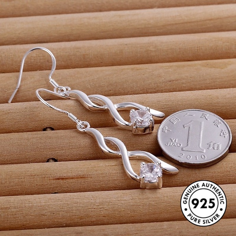 Anting Tusuk Sterling Silver 925 Desain Rumbai Hias Berlian Imitasi Elegan Untuk Wanita