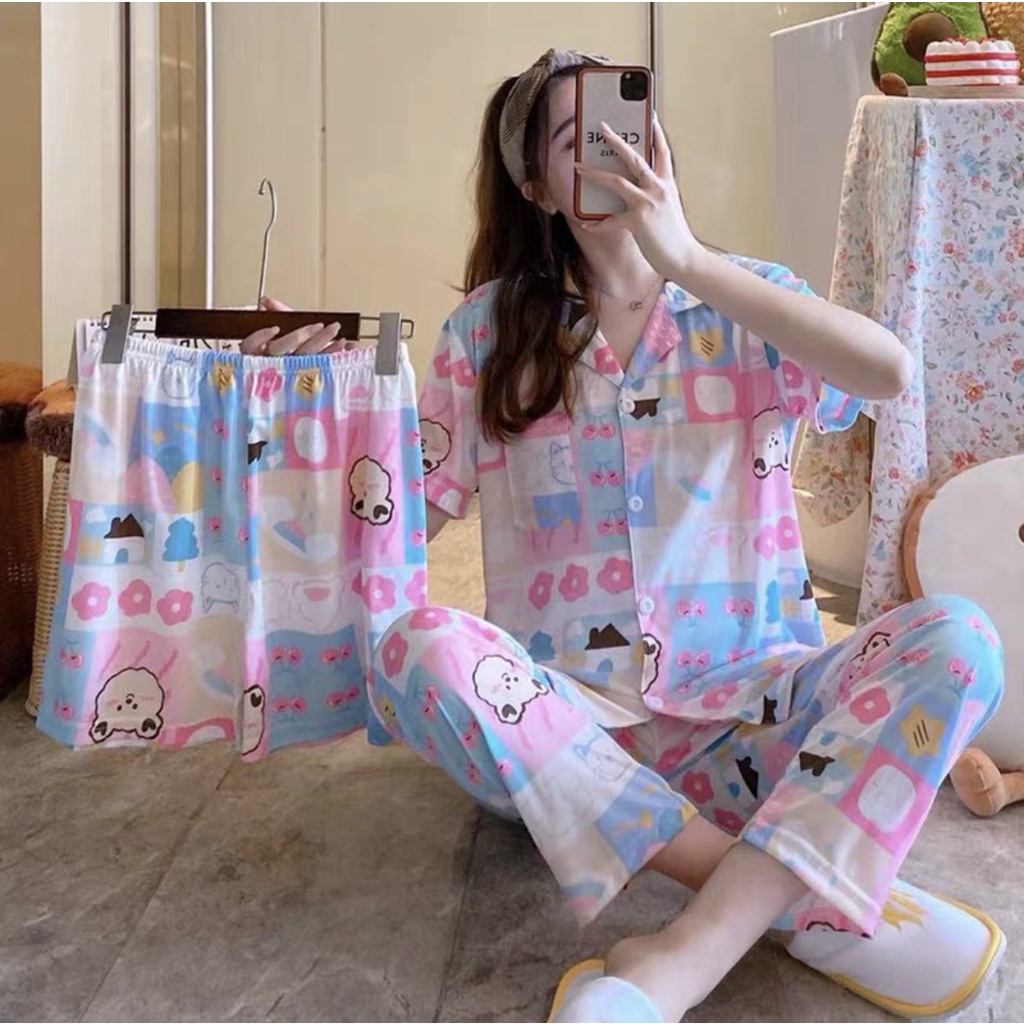 Piyama Baju Tidur Wanita Leisure Wear Import Fashion Kerah Kancing Lengan Pendek-7005 3in1
