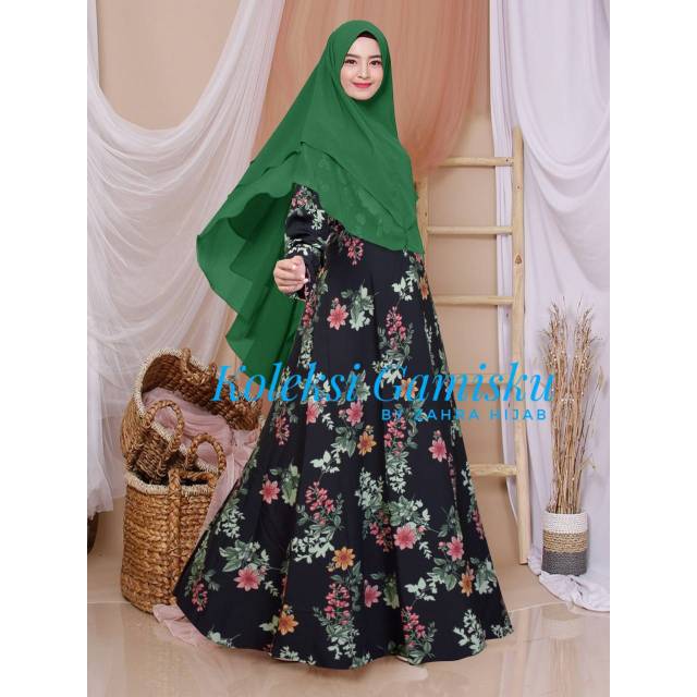 Koleksi Gamisku By Zahra Hijab Wolfis Grade A dan Ceruty 2 Layer Premium Hijau Botol Black Cute