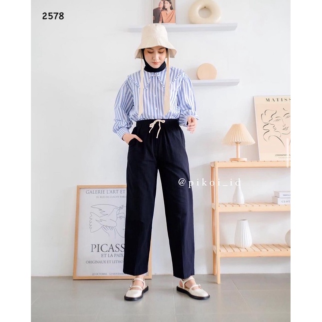 Celana putih murah / jogger pants tali katun linen / celana joger panjang celana panjang santai 2578