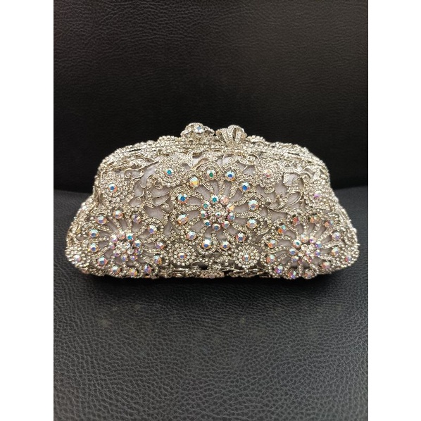 tas pesta kaleng permata swarovski silver