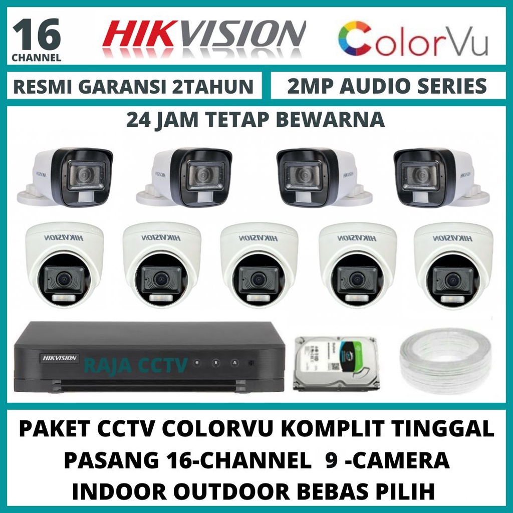 PAKET CCTV HIKVISION 2MP COLORVU 16 CHANNEL 9 CAMERA TURBO HD KAMERA CCTV COLORFUL