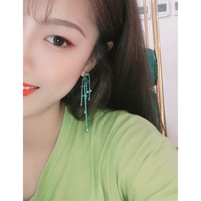 LRC Anting Tusuk Fashion Green Alloy Star Studded Tassel Earrings D28737