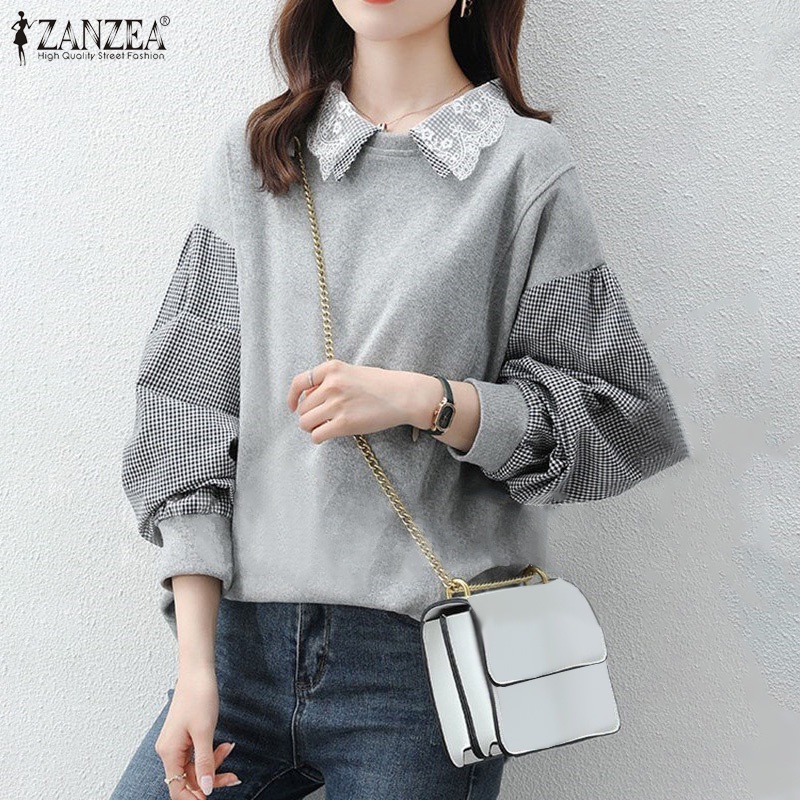 ZANZEA Women Puff Sleeved Plus Size Loose Sweatshirts Elegant Patchwork Blouse