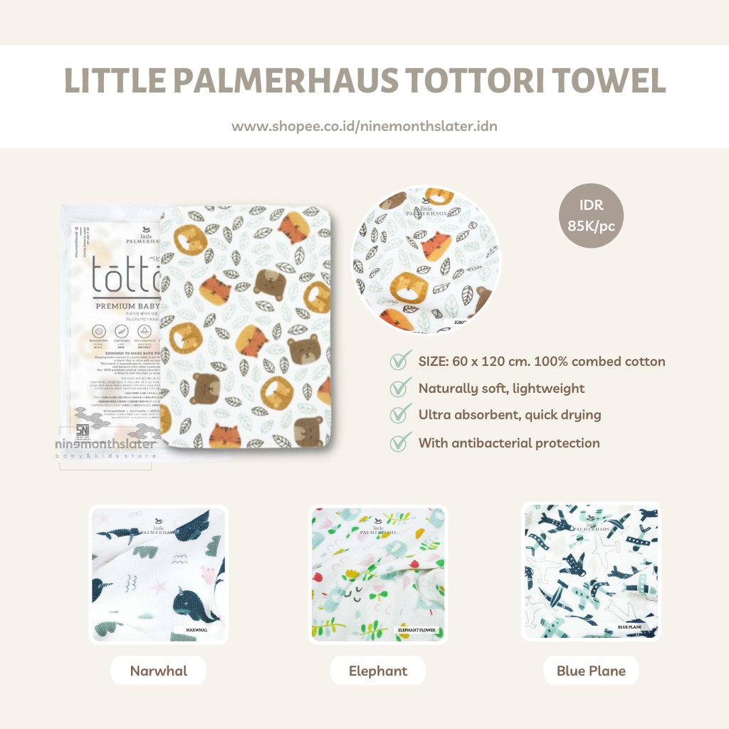 Little Palmerhaus Tottori Baby Towel - Handuk Mandi Anak Bayi Lucu Motif Serap Soft Lembut Halus