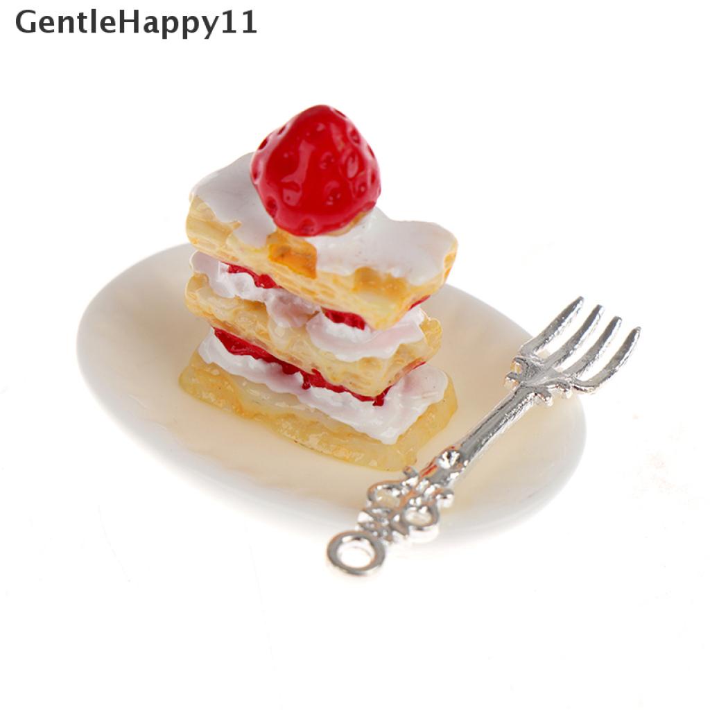 Gentlehappy 1 Set Mainan Miniatur Piring Kue Strawberry + Garpu Skala 1: 12 Untuk Dekorasi Dapur Rumah Boneka