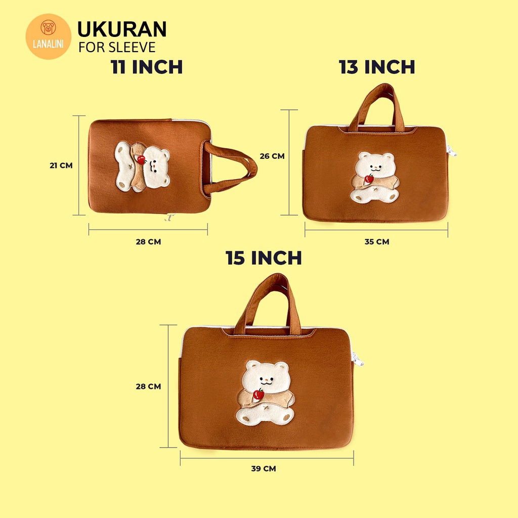 Sleeve Pouch Sarung Tas Bag Case Ipad Tab Tablet Macbook Air Pro Laptop Asus Acer Lenovo HP Huawei 11 12 13 14 15 inch Motif Gambar Kartun Bear Beruang Strawberry Cherry Pink Coklat Brown Cute Murah Korean Jinjing Tali Strap Waterproof Tahan Air Slot