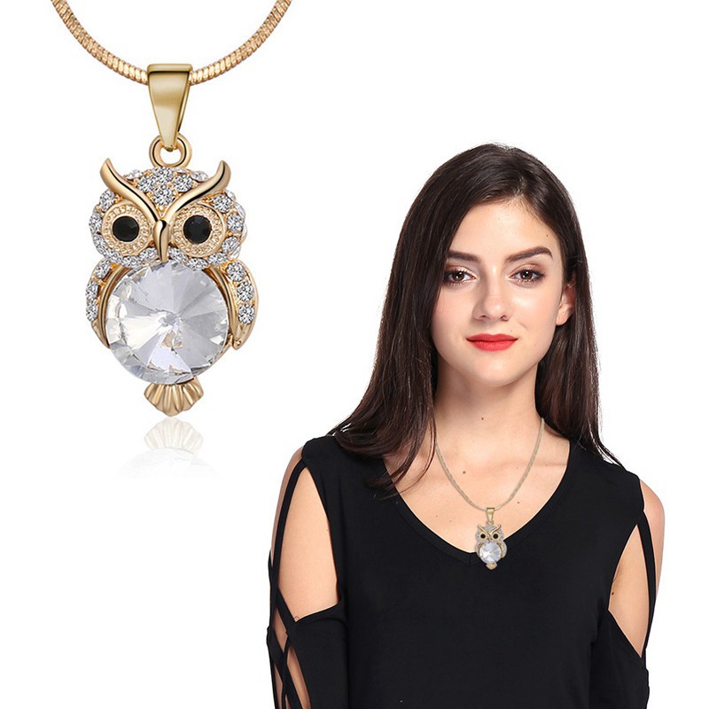 Rose Gold Color Fashion Snake Chain Crystal Gemstone Necklace Sweater Jewelry Fashion Small Cute Owl Bird Pendant