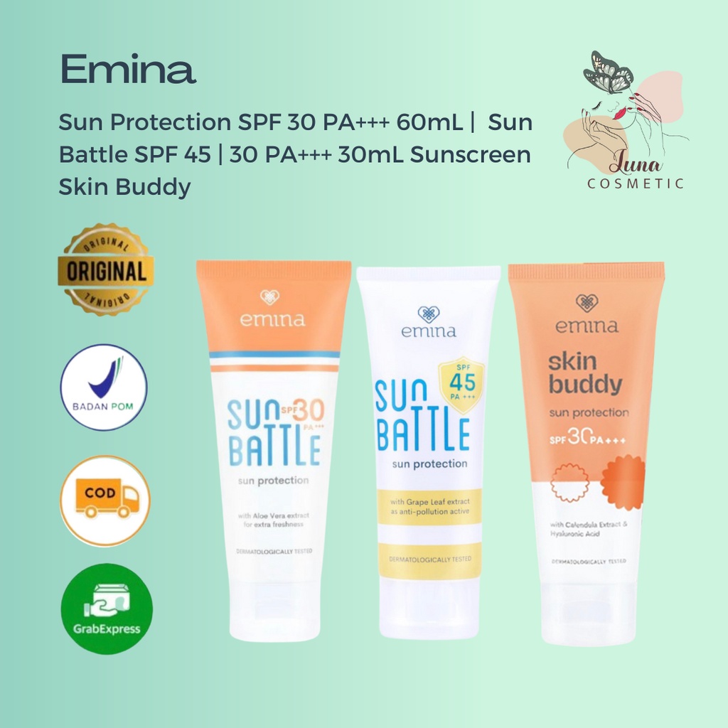 EMINA Sun Protection SPF 30 PA+++ 60mL | Emina Sun Battle SPF 45 | 30 PA+++ 30mL Sunscreen Skin Buddy