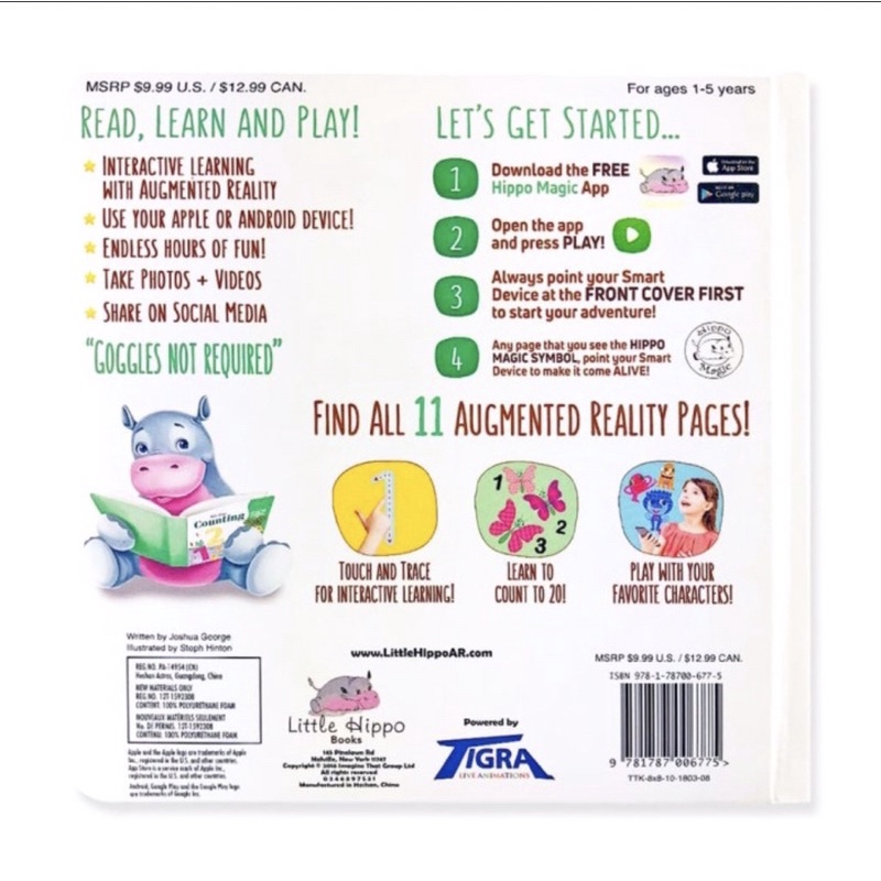 Little Hippo AR books: Let’s Learn counting 123 Augmented reality import book boardbook