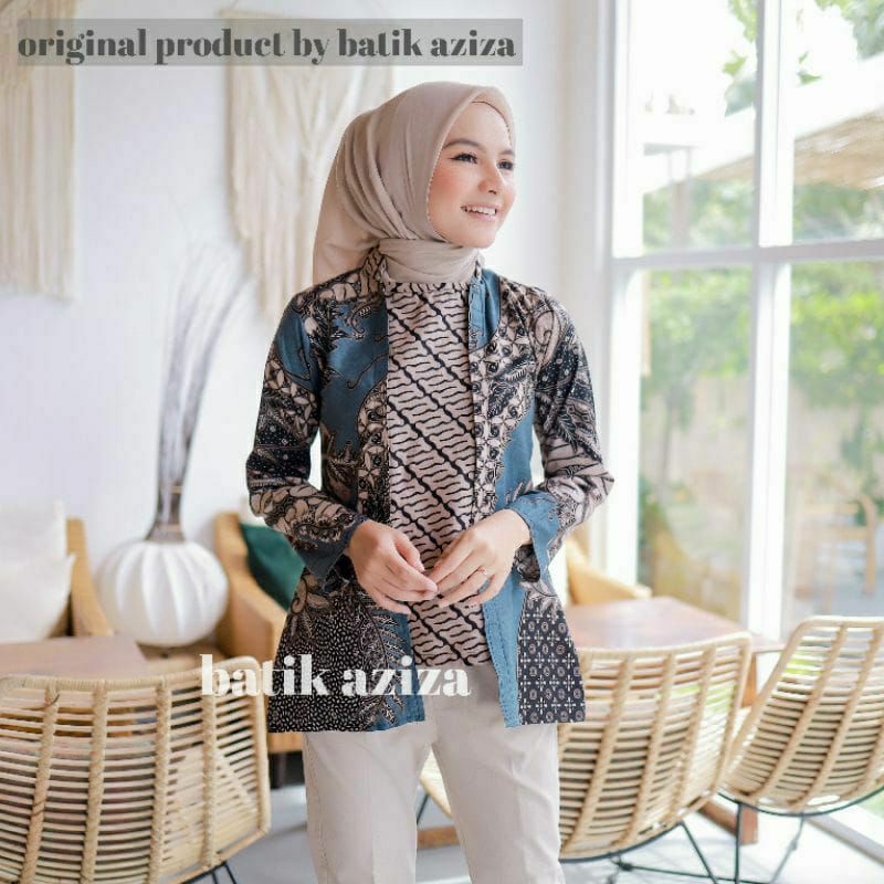 tey-17 Batik Wanita ASJ SA HRB026 Kenongo Kemeja Tosca Pendek-Kate biru