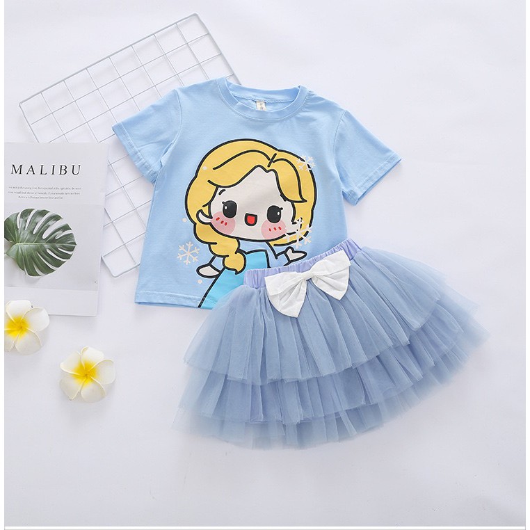 Setelan Anak Perempuan Kaos dan Rok Tutu Pita Princess Frozen Elsa Ariel Mermaid Snow White Import