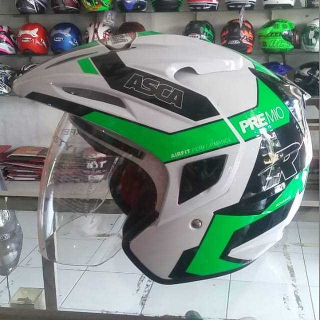 HELM ASCA PREMIO HALF FACE #WHITEGREENBLACK, 2 VISOR MANUAL