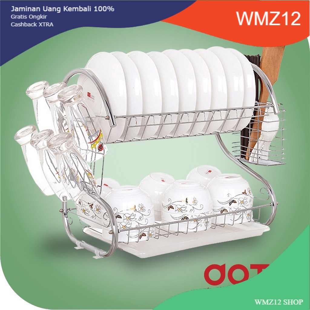 wmz Goto Pira Rak Piring 2 Susun Stainless Chrome Steel Rak Dapur