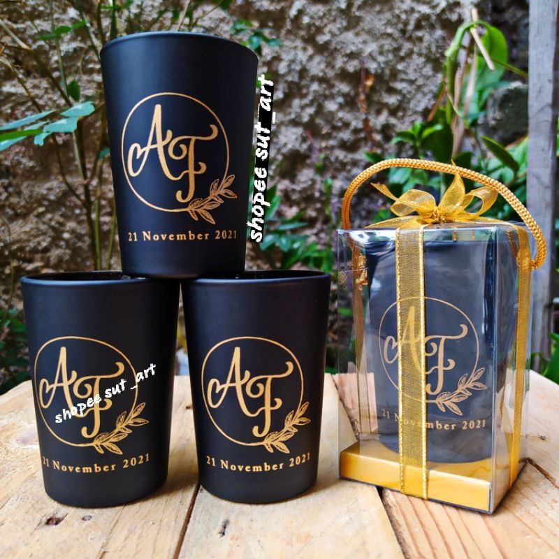 SOUVENIR GELAS DOFF HITAM CUSTOM SABLON NAMA KEMAS MIKA PITA