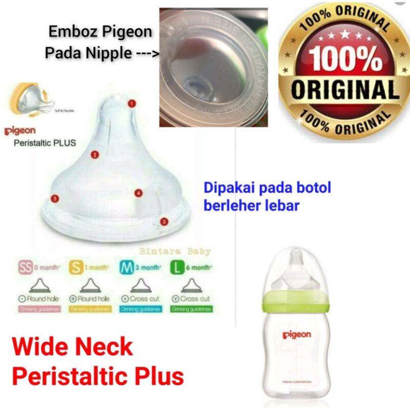 Box Isi 2 - ORIGINAL Dot Pigeon wide neck peristaltic plus wideneck Nipple Pigeon Softtouch Box isi 2 / Nipple Pigeon Size SS Size S size M Size L Wide neck Peristaltic Plus Size L 6 bulan keatas