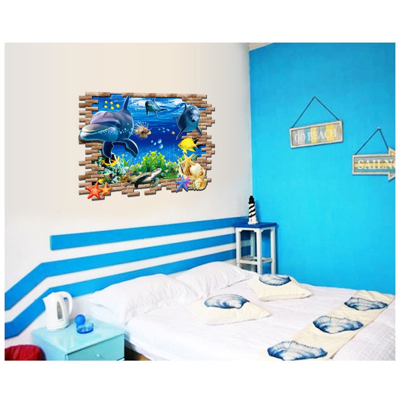 RELIZA WALL STICKER JENDELA 2D 3D IKAN LUMBA LUMBA FISH DOLPHINS STIKER DINDING AY9706