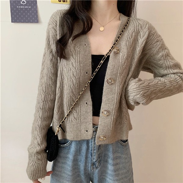 Button Cable Cardigan | kardigan kabel korea coklat muda pink putih tangan panjang kancing rajut