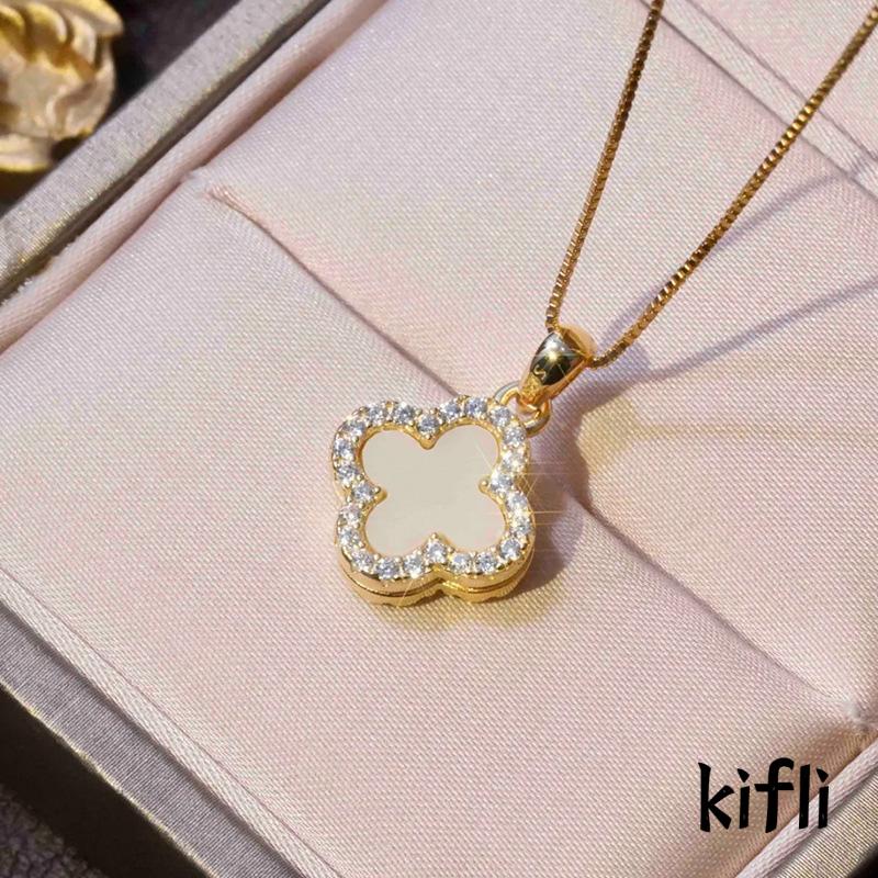 Kalung Rantai Liontin Daun Clover Hias Kristal Zircon Mewah Untuk Wanita (KD)