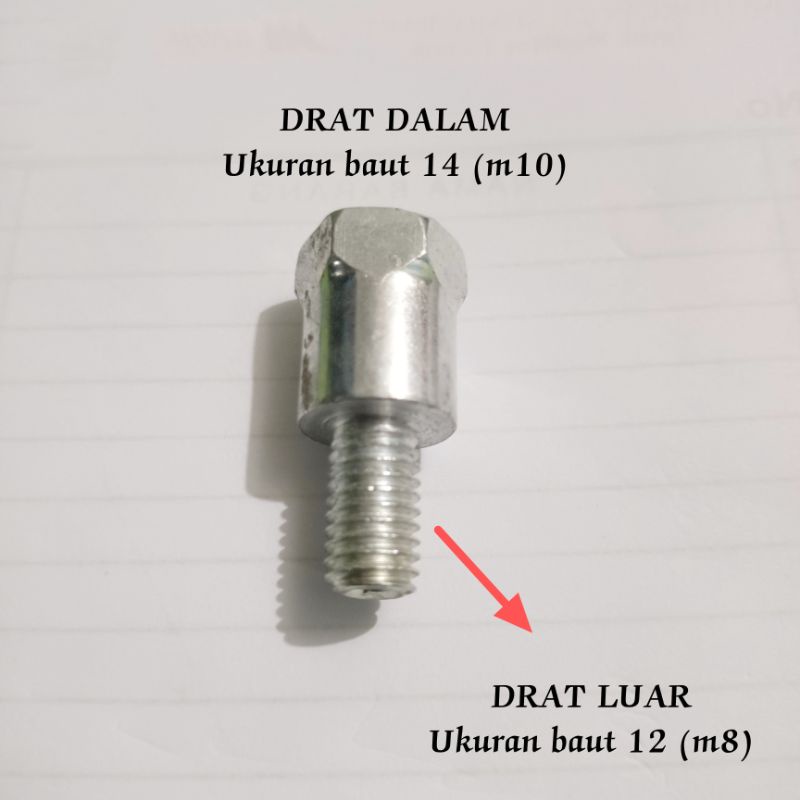 Sambungan Spion Ukuran Baut 12 (M8) Drat Kiri ke Baut 14 (M10) Drat Kanan