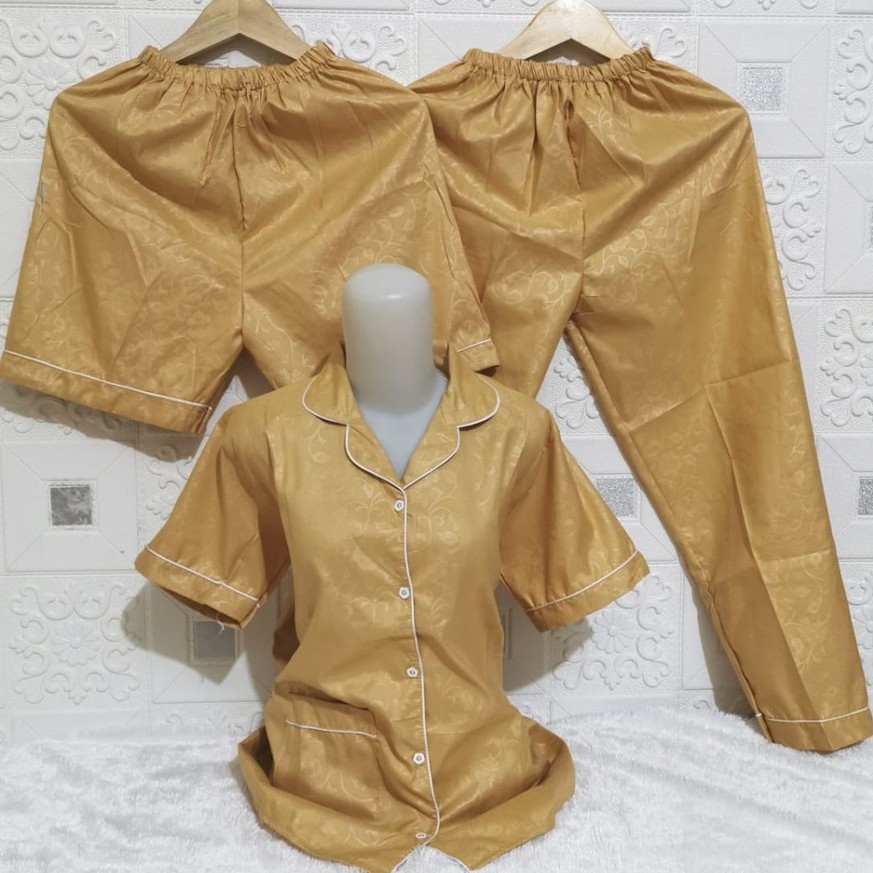 ISANNY PIYAMA SET 3IN1 SIZE.XL/PIYAMA SATIN EMBOS 3 IN 1/WARNA TERBANYAK/READY STOK/REAL PICT-GOLD MUDA