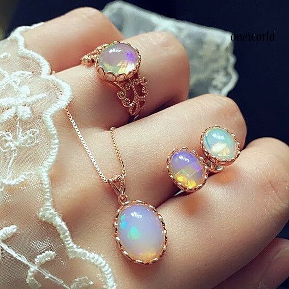 OW@ 3Pcs/Set Shiny Oval Faux Gemstone Charm Necklace Earrings Ring Women Jewelry