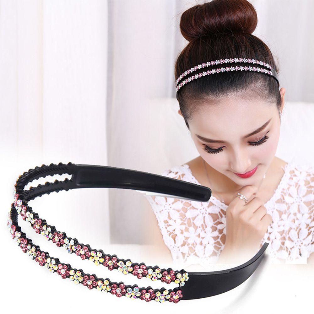 NEEDWAY Bando Korea Sederhana Penuh Berlian Imitasi Anti-slip Baris Ganda Plum blossom Hair Band