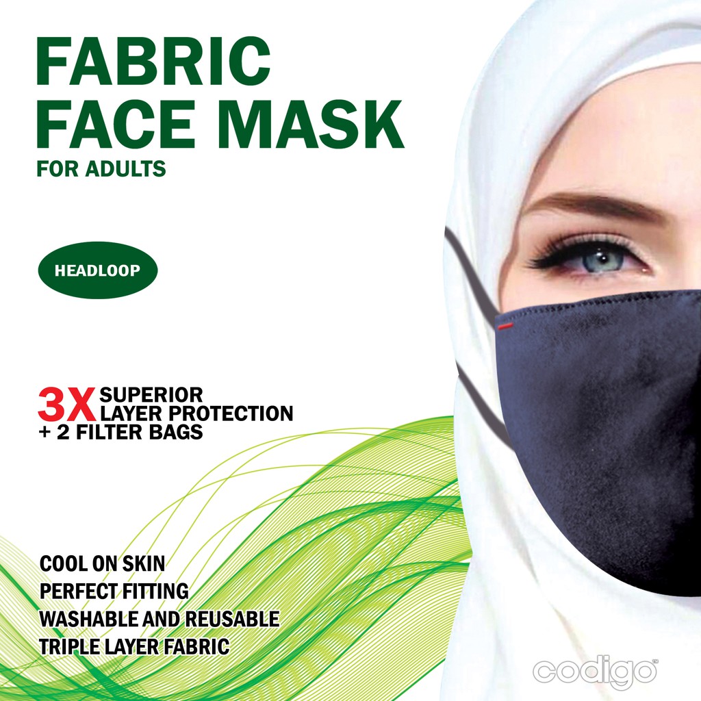 REAL FABRIC FACE MASK - Masker Kain 3 Lapis + 2 Kantong Filter ( Headloop ) - 1 Pcs