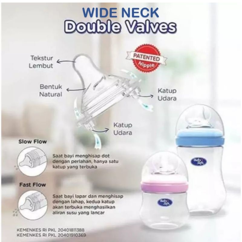 Baby Safe 2 pcs DOT Botol Susu Bayi Double Valves Slim Wide Neck Nipple Original BabySafe