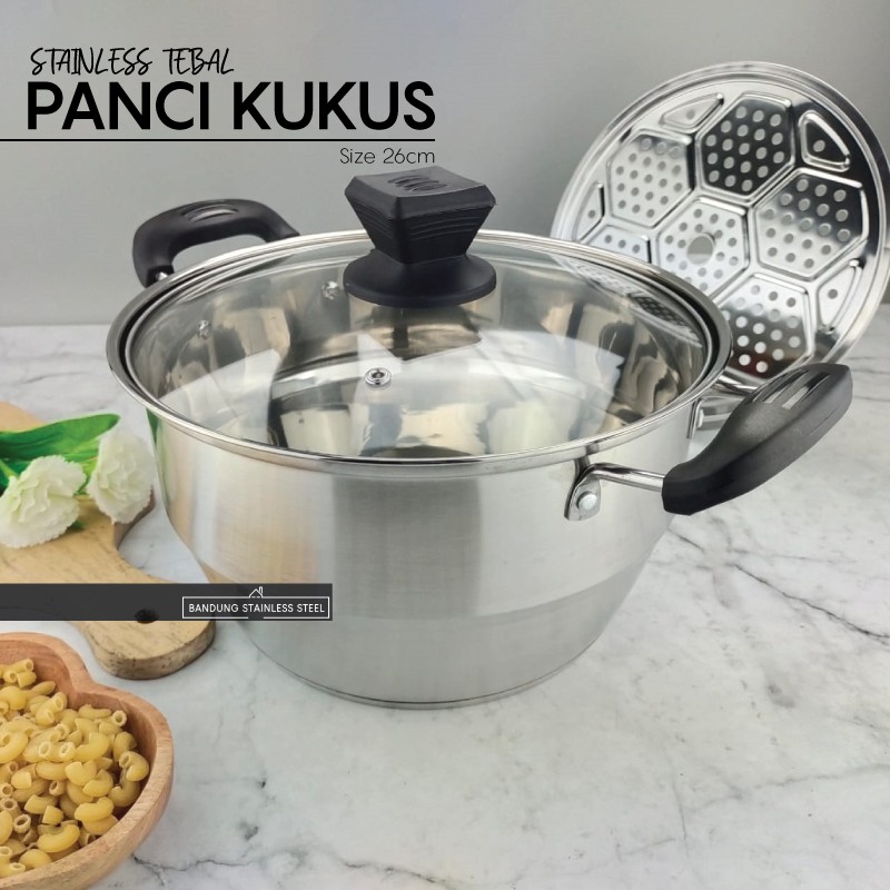 Panci Kukus 26cm Pegangan Kuping Plastik Soup Pot Steamer Stainless Tebal Tinggi Murah