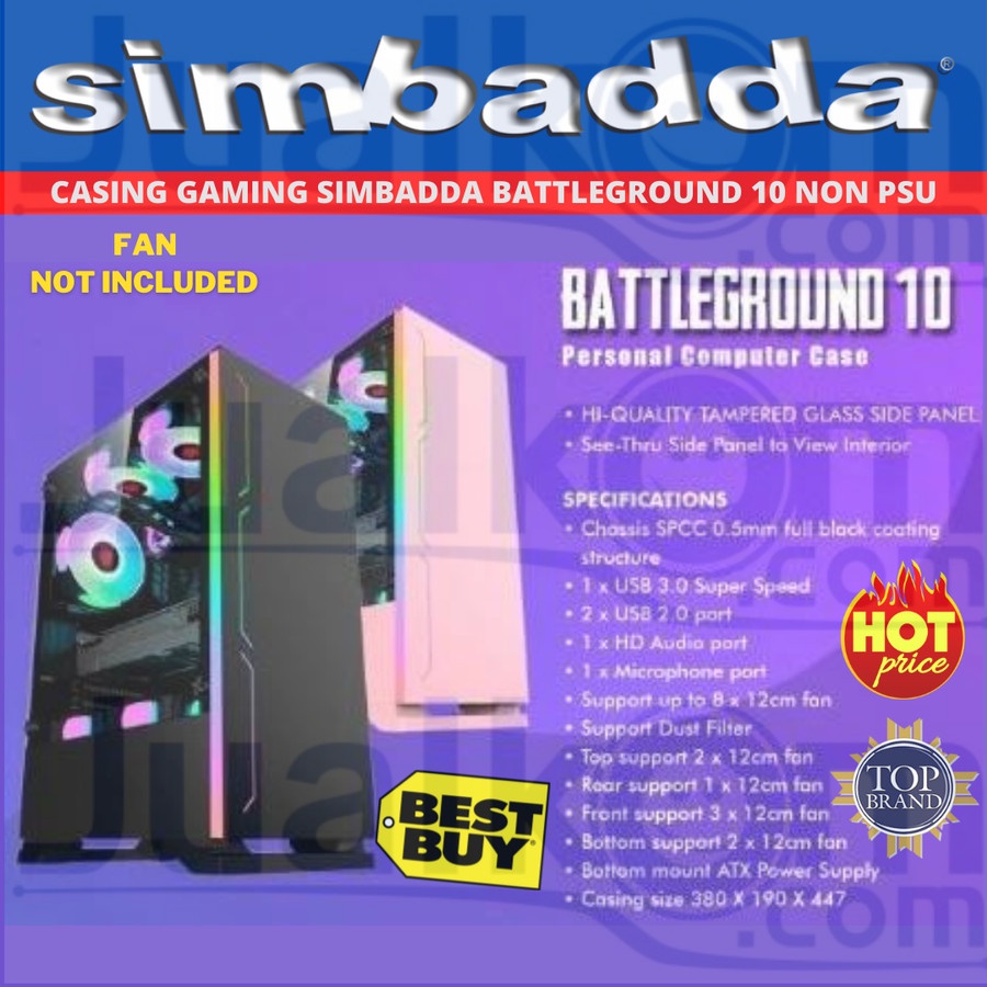 Casing Simbadda BattleGround 10 Pink dan Hitam ATX mATX Tempered Glass Case BG10 Tanpa Fan dan PSU