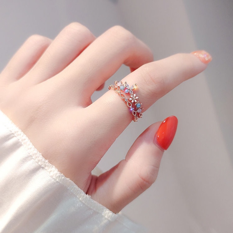 Cincin Model Terbuka Lapis Ganda Desain Bunga Gaya Korea Untuk Wanita