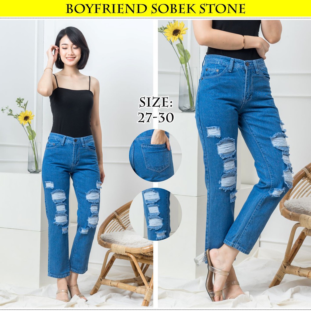 KENYAJEANS CELANA JEANS PREMIUM BOYFRIEND SOBEK BIRU JEANS /RIPPED JEANS /NONSTREACH JEANS /27 - 30