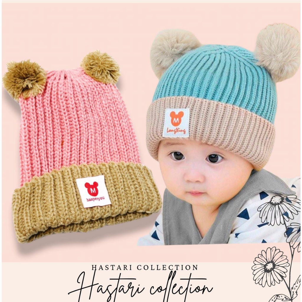 Kupluk bayi model dua warna pompom rajut /kupluk anak hangat