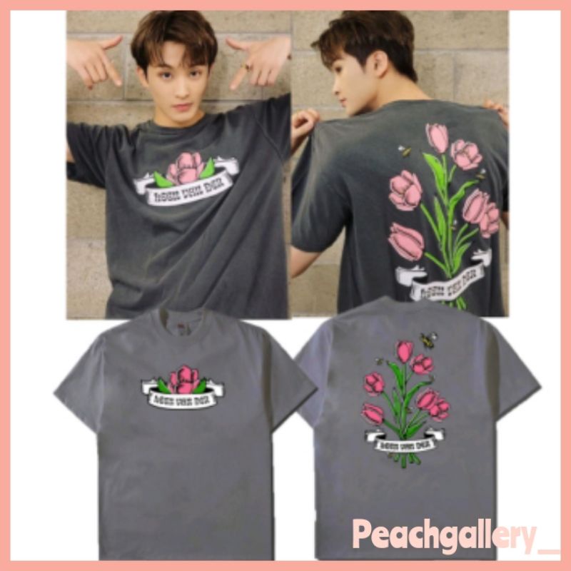 Tshirt Kaos Bunga Tulip NCT 127 Capsule Mark Lee NCtzen Outfit Abu Tua Mawar Besar sablon depan bela