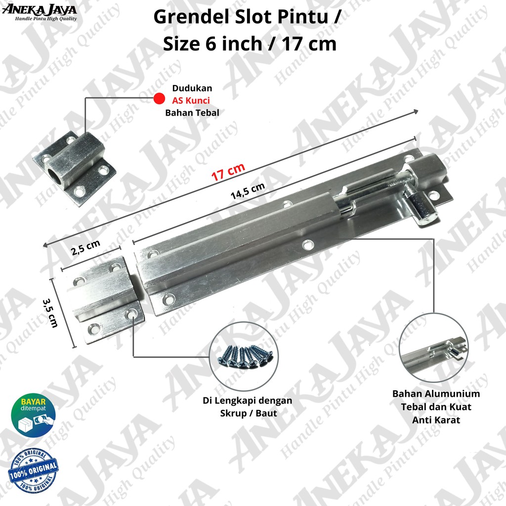 Grendel pintu 6 inch / Slot pintu panjang 17 cm l Selot allumunium anti karat awet dan tahan lama