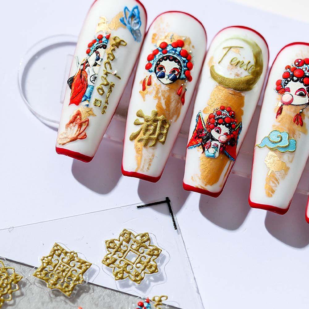 Needway   Stiker Kuku Cina Fashion Gaya Antik Karakter Cina Merak Bunga Perekat Diri Nail Art Dekorasi