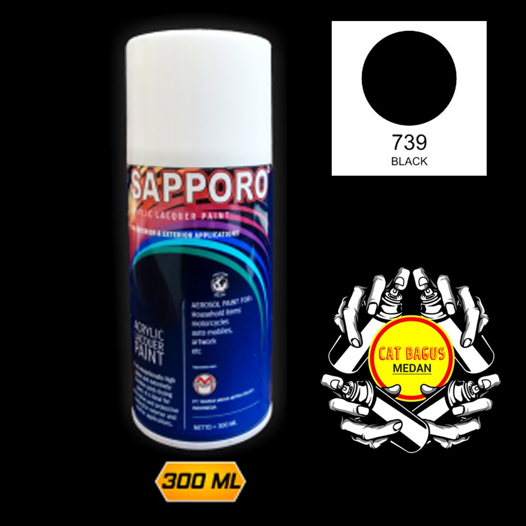 SAPPORO 739 BLACK GLOSS HITAM KILAT CAT SEMPROT 300 ML CAT MOTOR AEROSOL PYLOX HITAM PEKAT GLOSSY GL