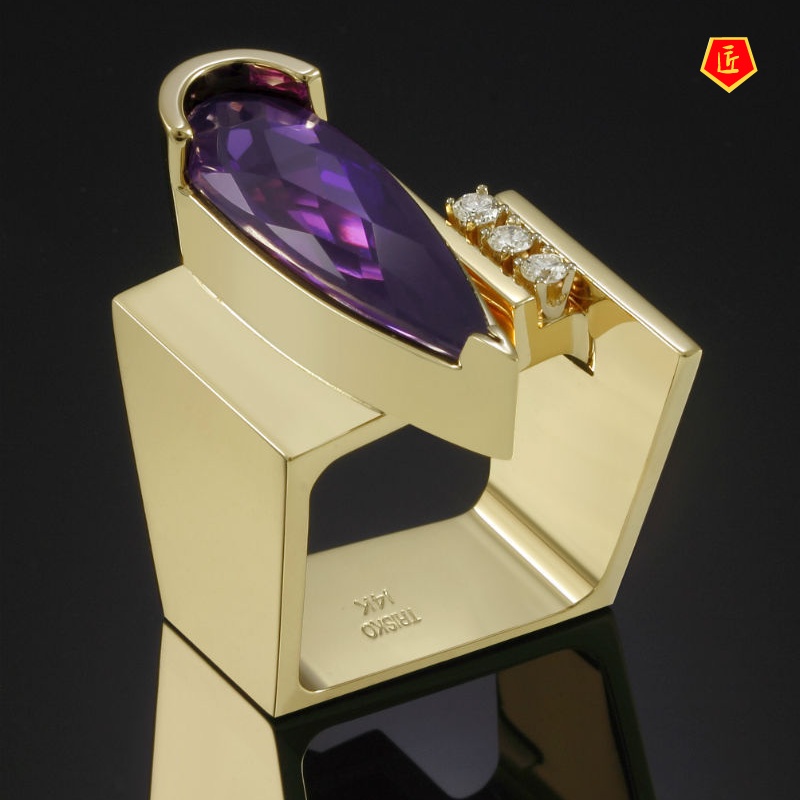 [Ready Stock]Fashion Personality Gold Inlaid Amethyst Ring