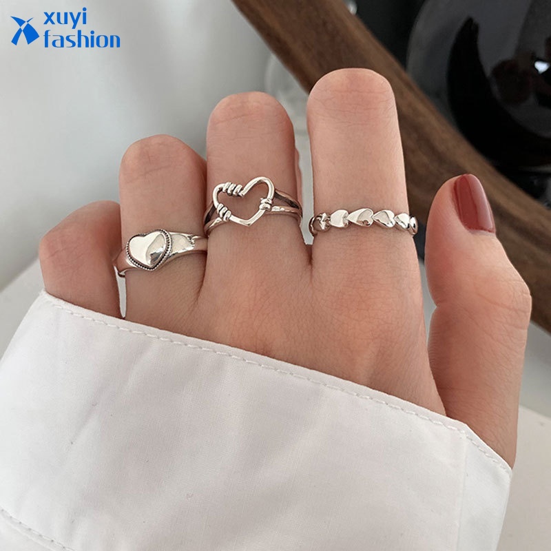 3pcs / Set Cincin Adjustable Bentuk Hati Warna Silver Gaya Korea Untuk Wanita