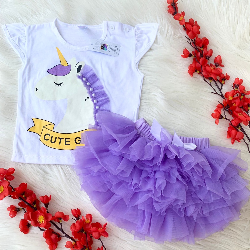 Setelan baju kaos rok bandana lucu pergi hangout fashion anak bayi cewek perempuan baby girl -uni