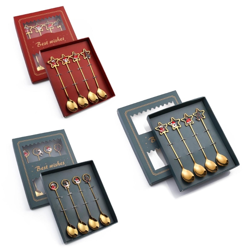 Zzz 4pcs / set Sendok Aduk Bahan Stainless Steel Tema Natal Dengan Kotak Hadiah