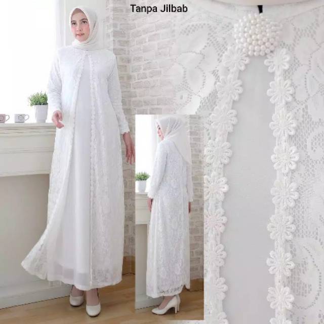 GAMIS BRUKAT LAYER CANTIK WHITE SIZE M L XL &amp; JUMBO REALPICT GAMIS IBU PUTIH