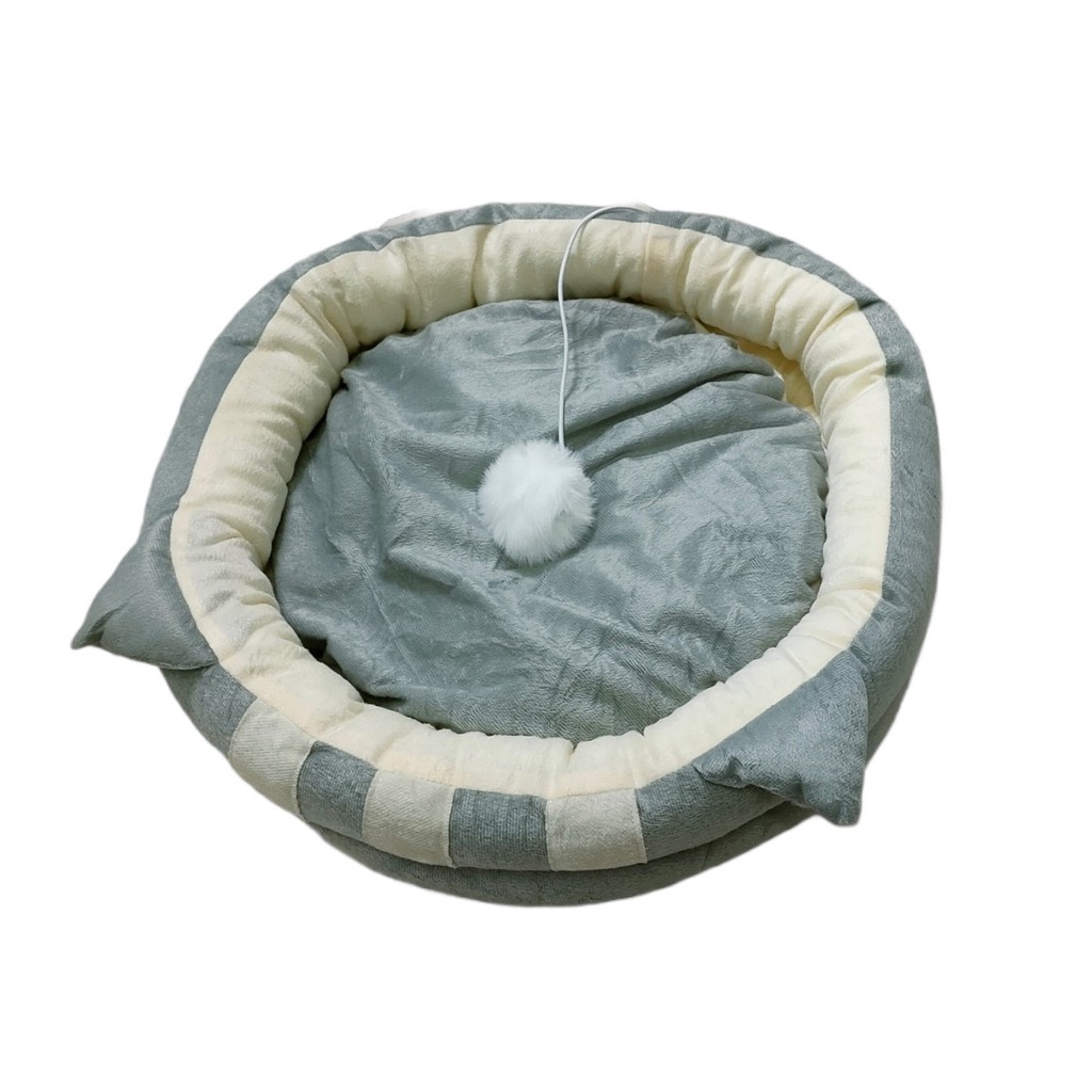 Rumah Tempat Tidur Kucing motif Cat Boat with Pom2 Ball + Bantal