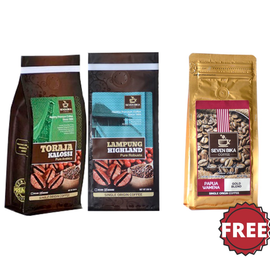 

Seven Bika Toraja Arabica & Lampung Robusta 200 Gr FREE Gold Blend 165 Gr [Bubul/Biji}