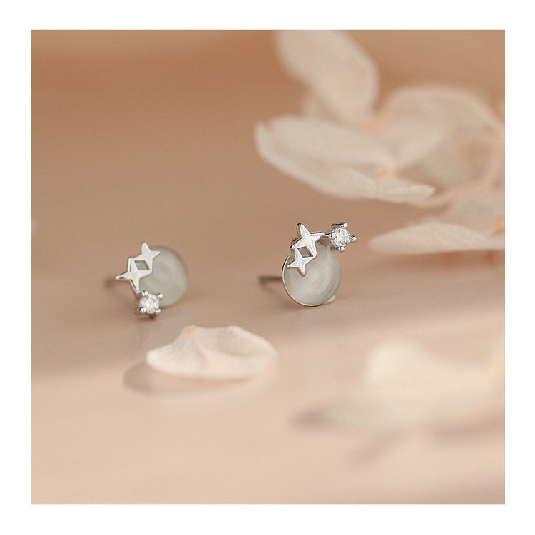 Anting Tusuk Sterling Silver 925 Desain Bintang Kecil Hias Batu Opal Simple Untuk Wanita