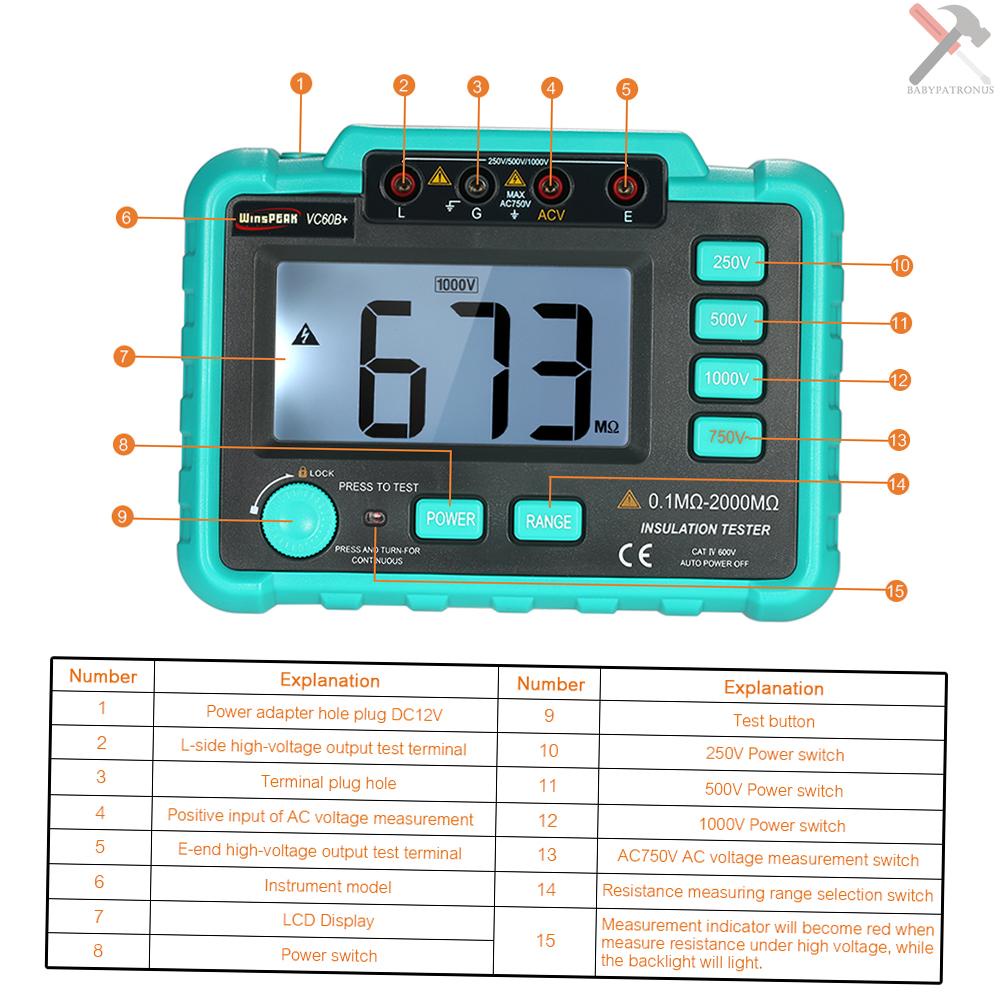 Winspeak Vc60B + Megohm Meter Megohmmeter Digital Dengan Layar Lcd Dc250V / 500v / 1000v Ac750V