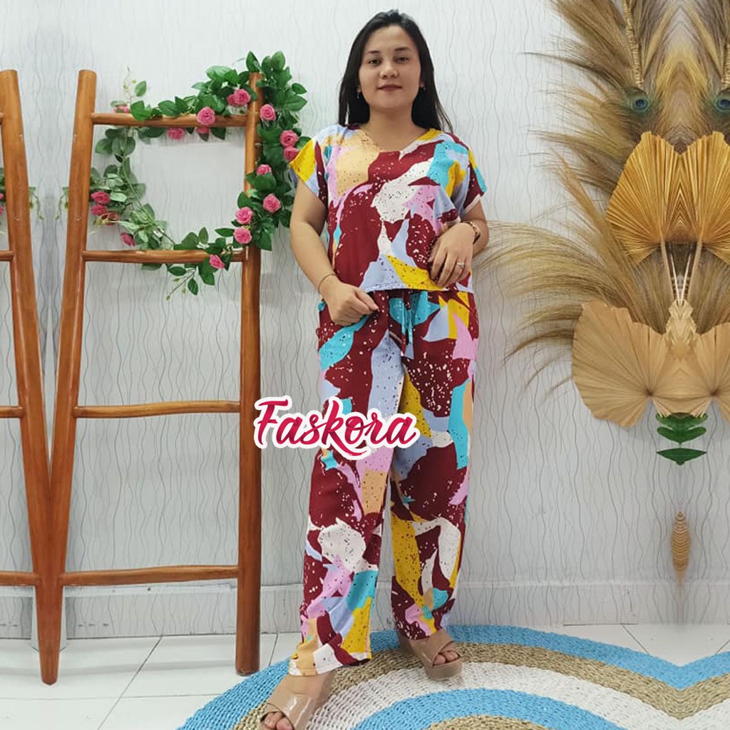 Pajamas Rayon Set Jumbo Celana Panjang Gandum / Piyama Pendek Wanita Jumbo / Piyama Dewasa Jumbo XXL