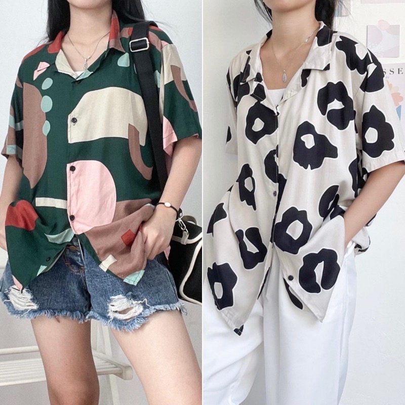 KEMEJA PENDEK WANITA RAYON OVERSIZE, KEMEJA PATTERN SHIRT